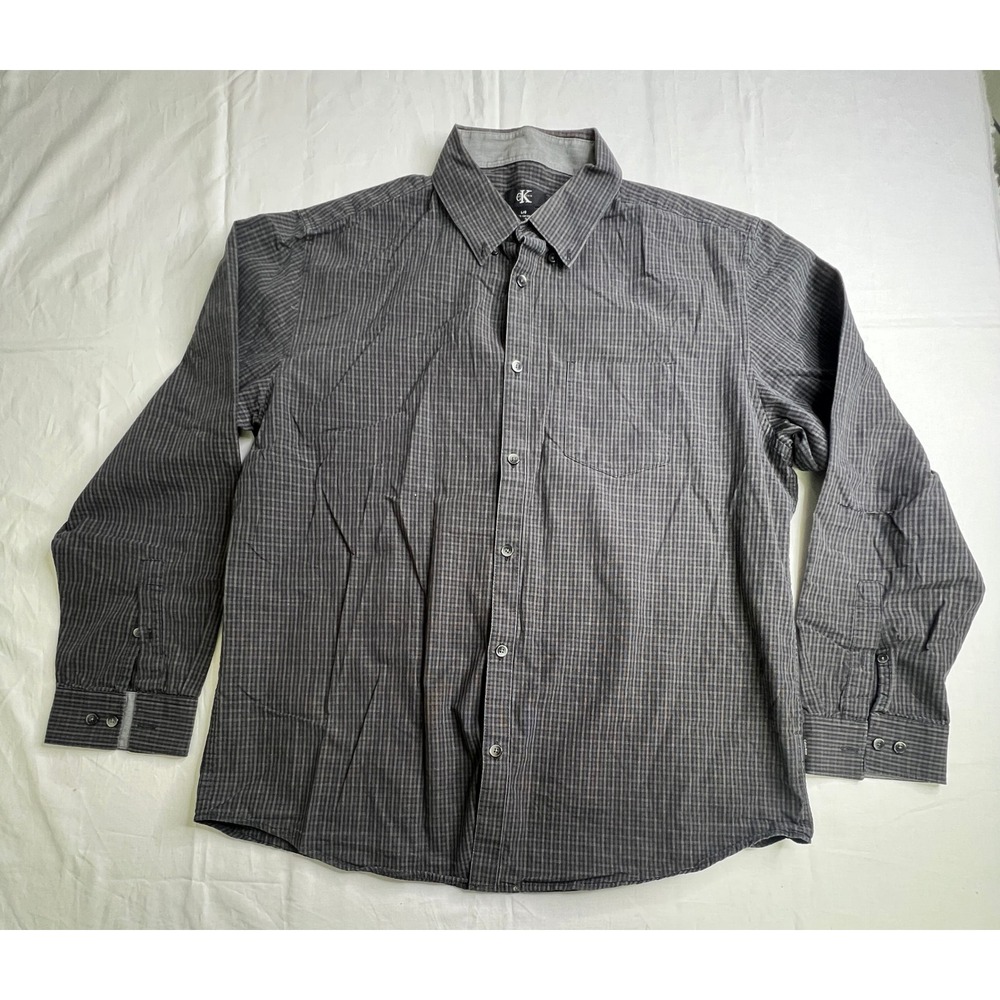 Calvin‎ Klein Men's L Gray Plaid Checkered Long Sleeve Button Down Shirt